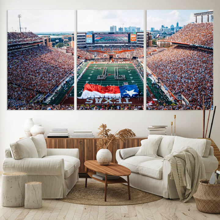 University of Texas Longhorns canvas: A premium print depicting Darrell K Royal-Texas Memorial Stadium with the city skyline and Texas flag.