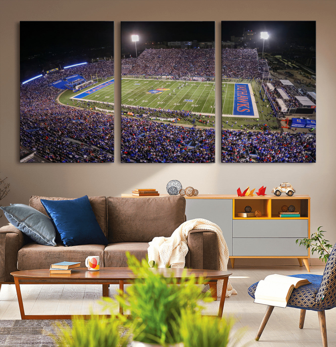 MGV-CV-60X30-3P - University of Kansas Jayhawks Football Team Print - Lawrence Kansas Memorial Stadium Wall Art Canvas