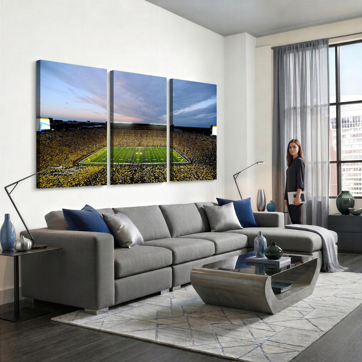 82641-MGV-CV-36X24 - Michigan Stadium Wall Art Canvas Print – Framed Football Field Scene with Marching Band Artwork for Home, Office
