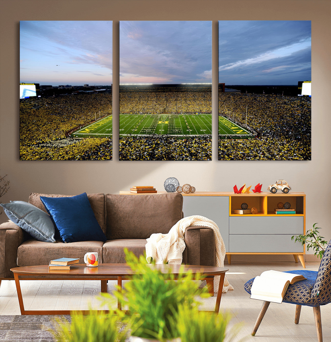 82641-MGV-CV-60X30-3P - Michigan Stadium Wall Art Canvas Print, Vibrant Game Day Crowd and Sunset Sky Football Field Artwork for Home, Office