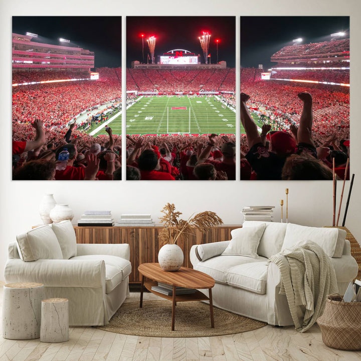 The University of Nebraska Cornhuskers Football Team Print, a vibrant three-panel canvas depicting Lincoln Memorial Stadium filled with enthusiastic fans from the end zone perspective, features a gallery-quality finish.