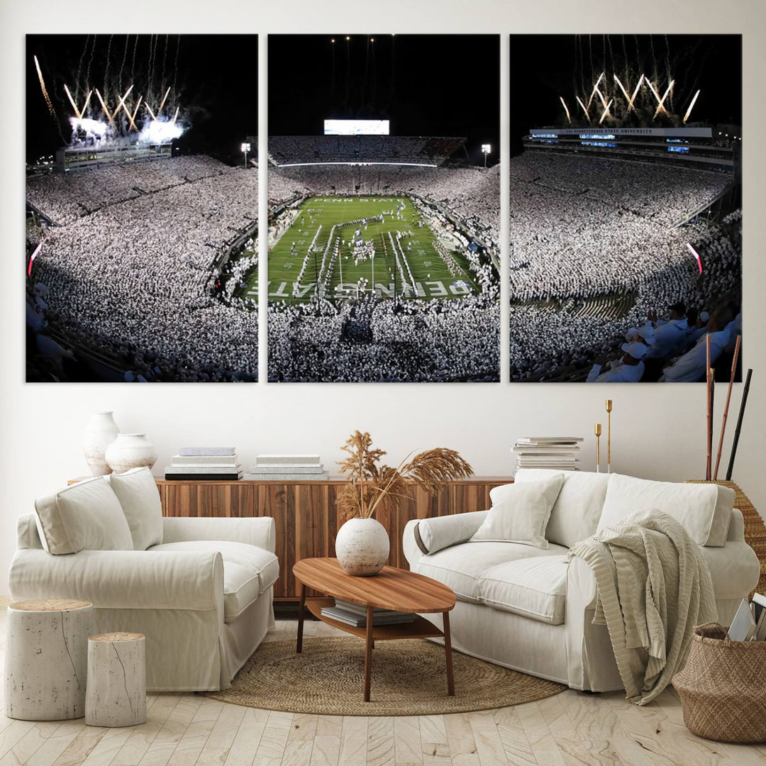 Wide-angle print of a packed stadium with fireworks, ideal gallery-quality wall art - Penn State Nittany Lions Canvas.