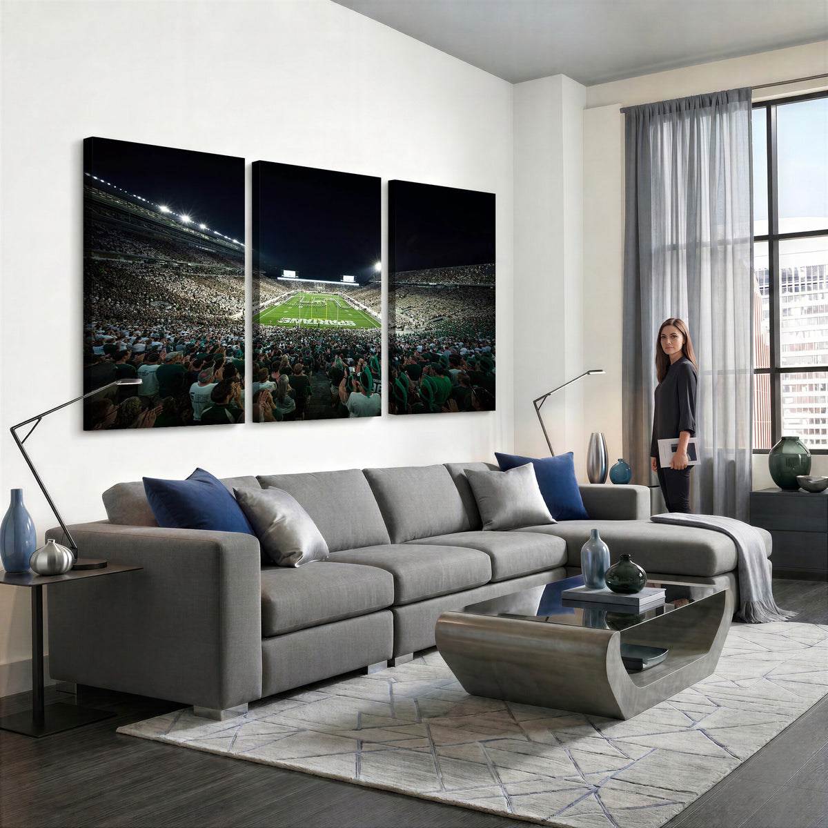 57523-PAN-FL-20X10 - Framed Michigan State Spartans Football Team Print - East Lansing Spartan Stadium Wall Art Canvas