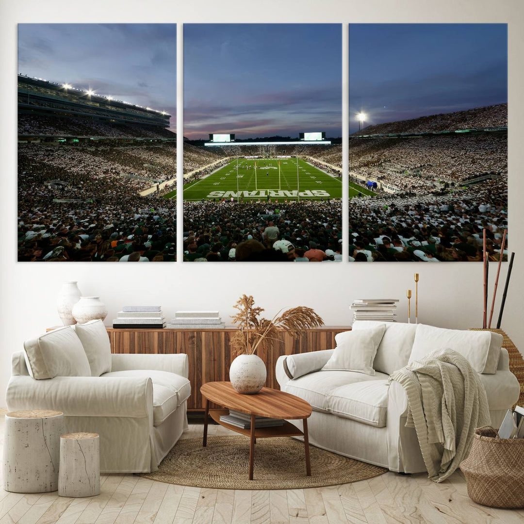 Wall art featuring a stadium at dusk with full stands—ideal for the Michigan State Spartans Football Team Canvas Print.