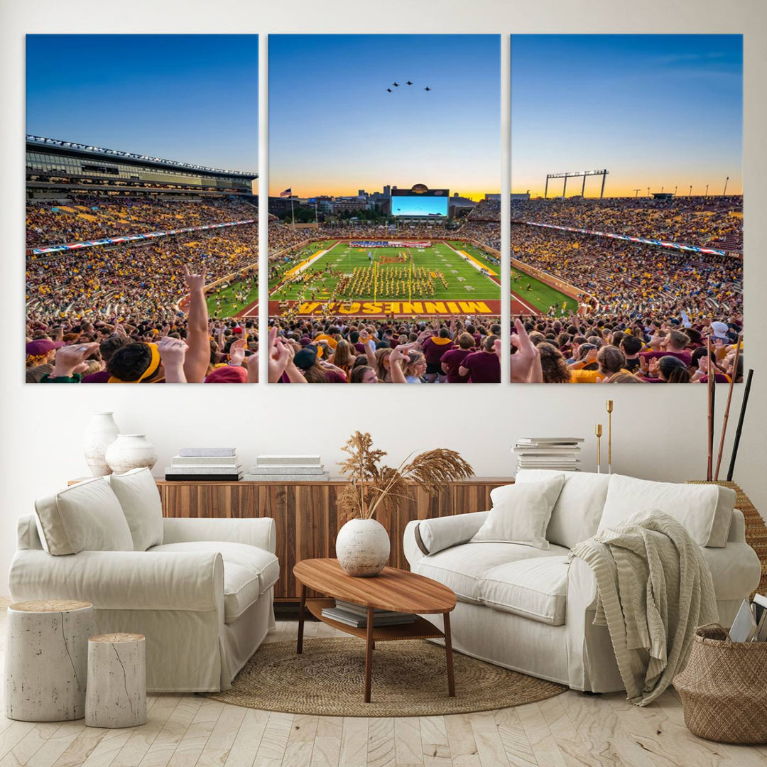 Canvas wall art featuring the University of Minnesota Football Team print, showcasing Huntington Bank Stadium at sunset with jets overhead.