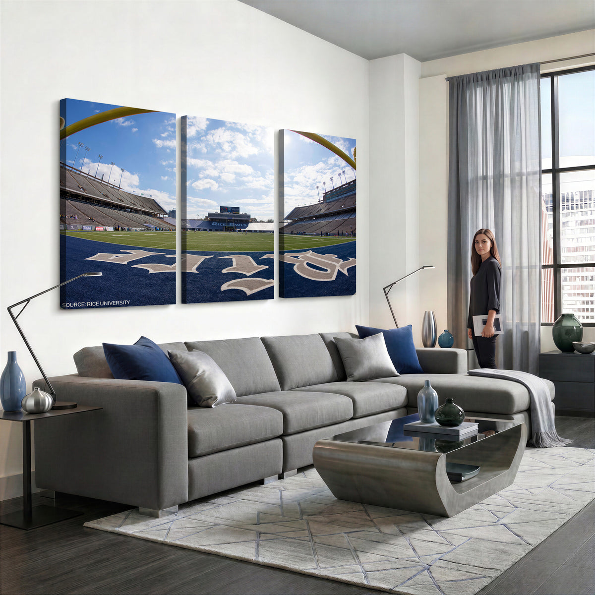 50267-MGV-CV-36X24 - Rice University Owls Football Team Print, Houston Rice Stadium, Framed and Ready to Hang