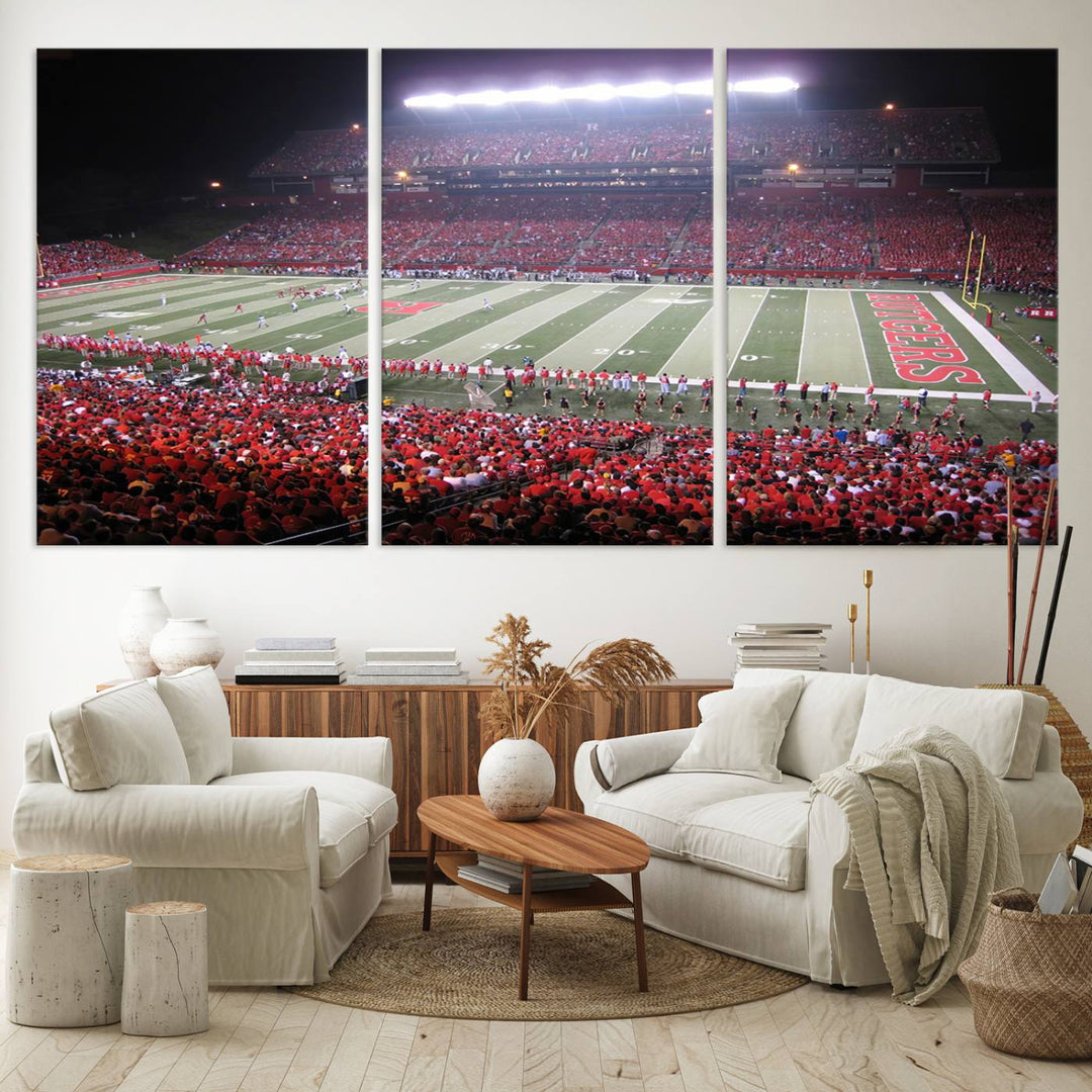 A bustling night game at SHI Stadium is captured as Rutgers Scarlet Knights wall art on a gallery-quality canvas print.