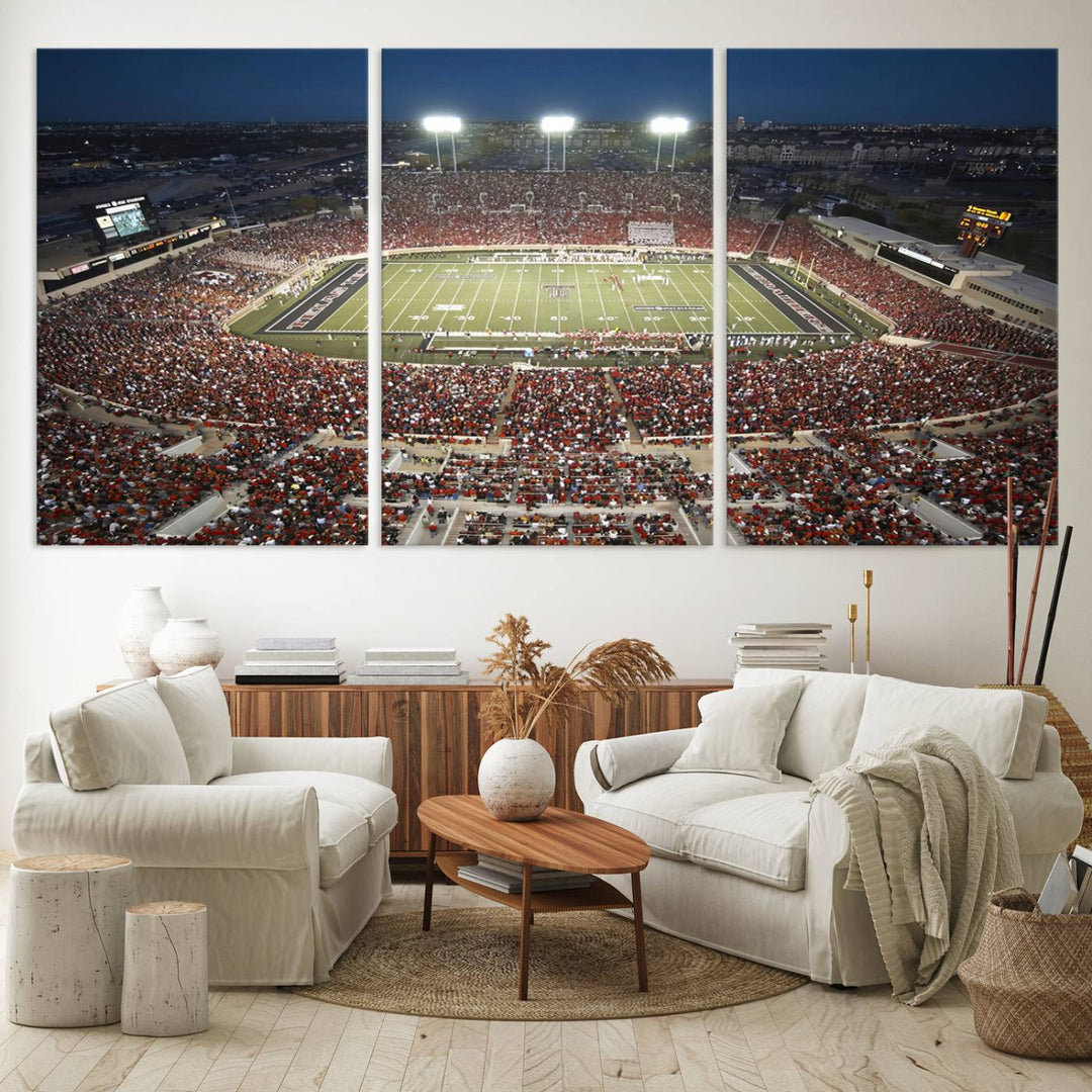 Canvas wall art featuring an aerial view of the Texas Tech Red Raiders packed night game at Lubbock’s Jones AT&T Stadium.