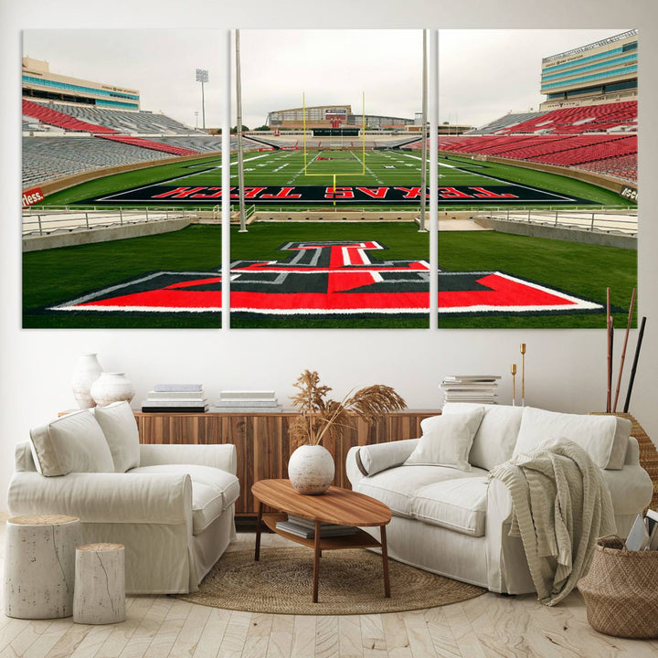 Gallery-quality print of Lubbock Jones AT&T Stadium featuring the Texas Tech Red Raiders field, highlighted by red and gray bleachers.