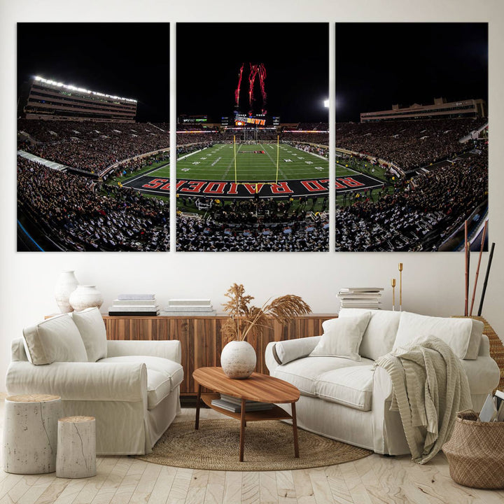 The wall features a Texas Tech Red Raiders Football Team Print on canvas, showcasing fireworks over a packed stadium at night.