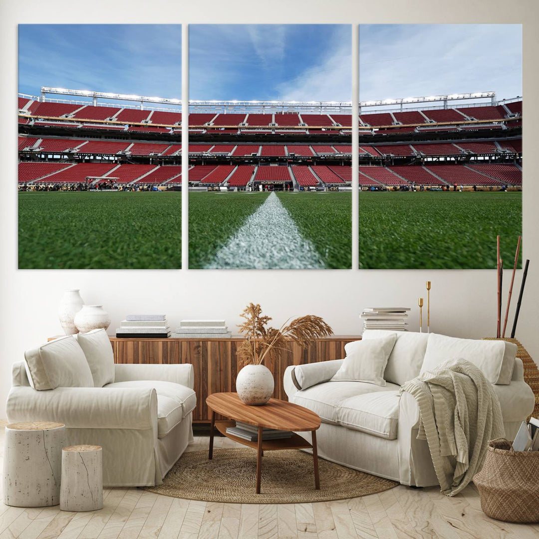 A canvas print of the University of Tulsa Golden Hurricane showcases H.A. Chapman Stadiums football field and red seats against a backdrop of a blue sky.