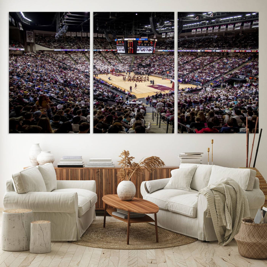 The Nebraska Basketball Arena Wall Art Canvas features an arena filled with Cornhuskers fans and players beneath a scoreboard.