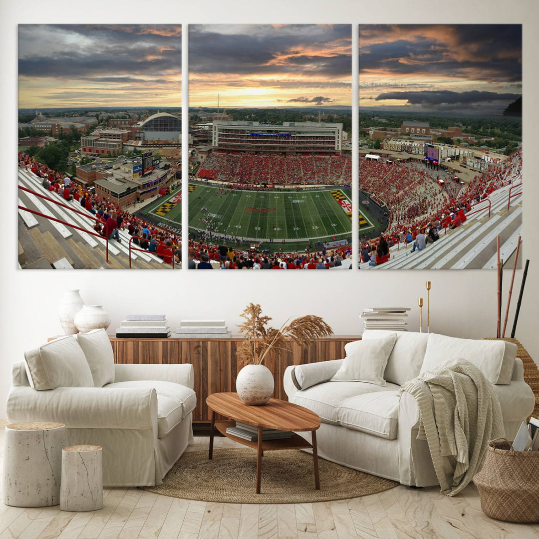 The University of Maryland Terrapins Football Team Print features SECU Stadium at sunset with vibrant skies.