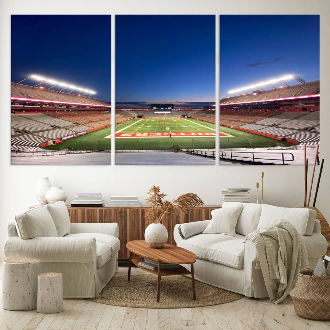 A large SHI Stadium at dusk, ideal for a Rutgers Scarlet Knights Football Team canvas print.