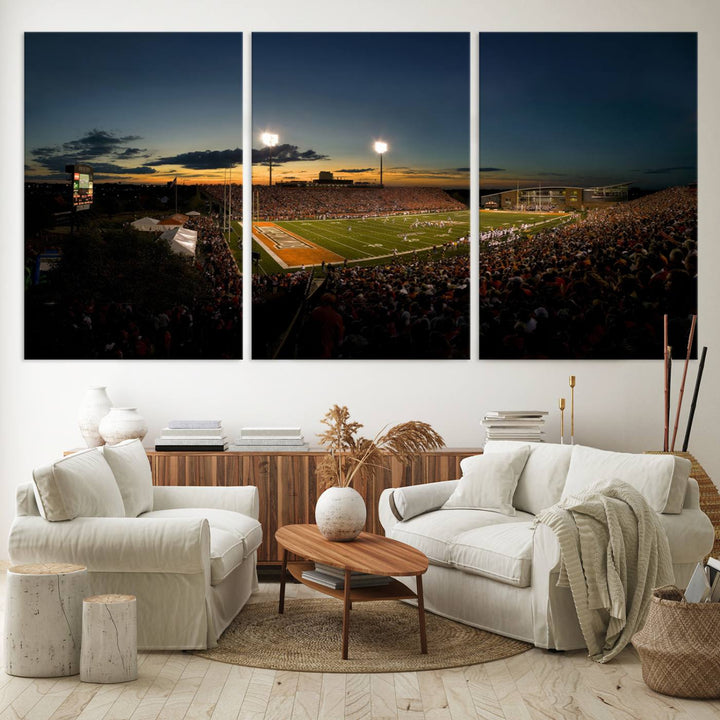 Ball State Cardinals Football Team Print - Muncie Scheumann Stadium Canvas featuring a sunset, floodlights, and lively crowd.