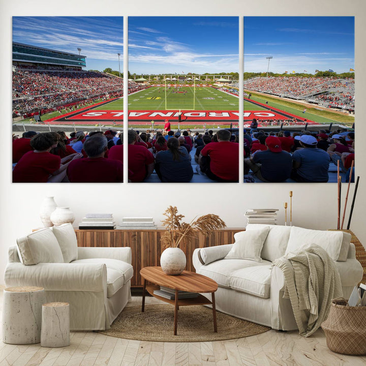 The Ball State Cardinals wall art on canvas depicts fans in red at Scheumann Stadium.