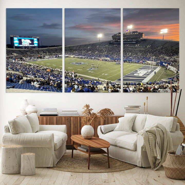 A Memphis Tigers football canvas print of Simmons Bank Liberty Stadium at sunset enhances the living room.