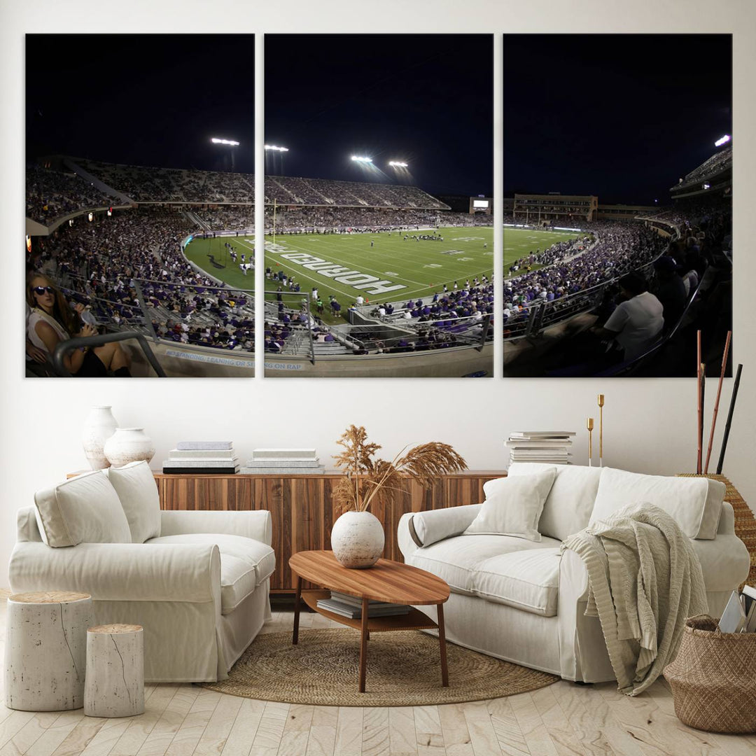 The wall art print features a night view of Amon G. Carter Stadium filled with TCU fans, showcased in the Horned Frogs Football Canvas Wall Art.