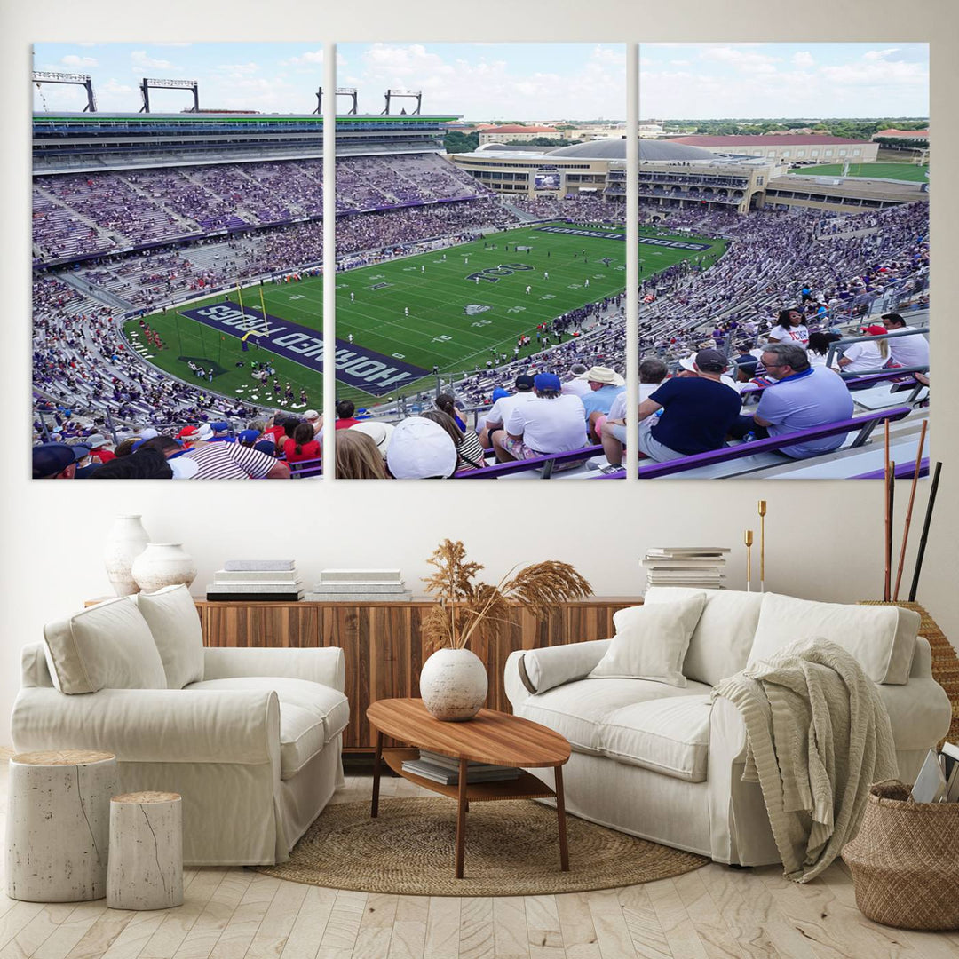 Amon G. Carter Stadium wall art canvas showcasing the TCU Horned Frogs and packed stands at Fort Worth.