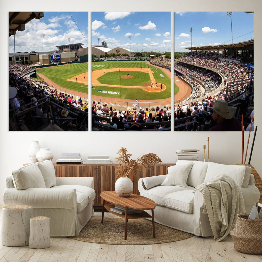 A baseball stadium under a blue sky, capturing the energy of The Texas A&M Aggies Athletics Kyle Field Wall Art.