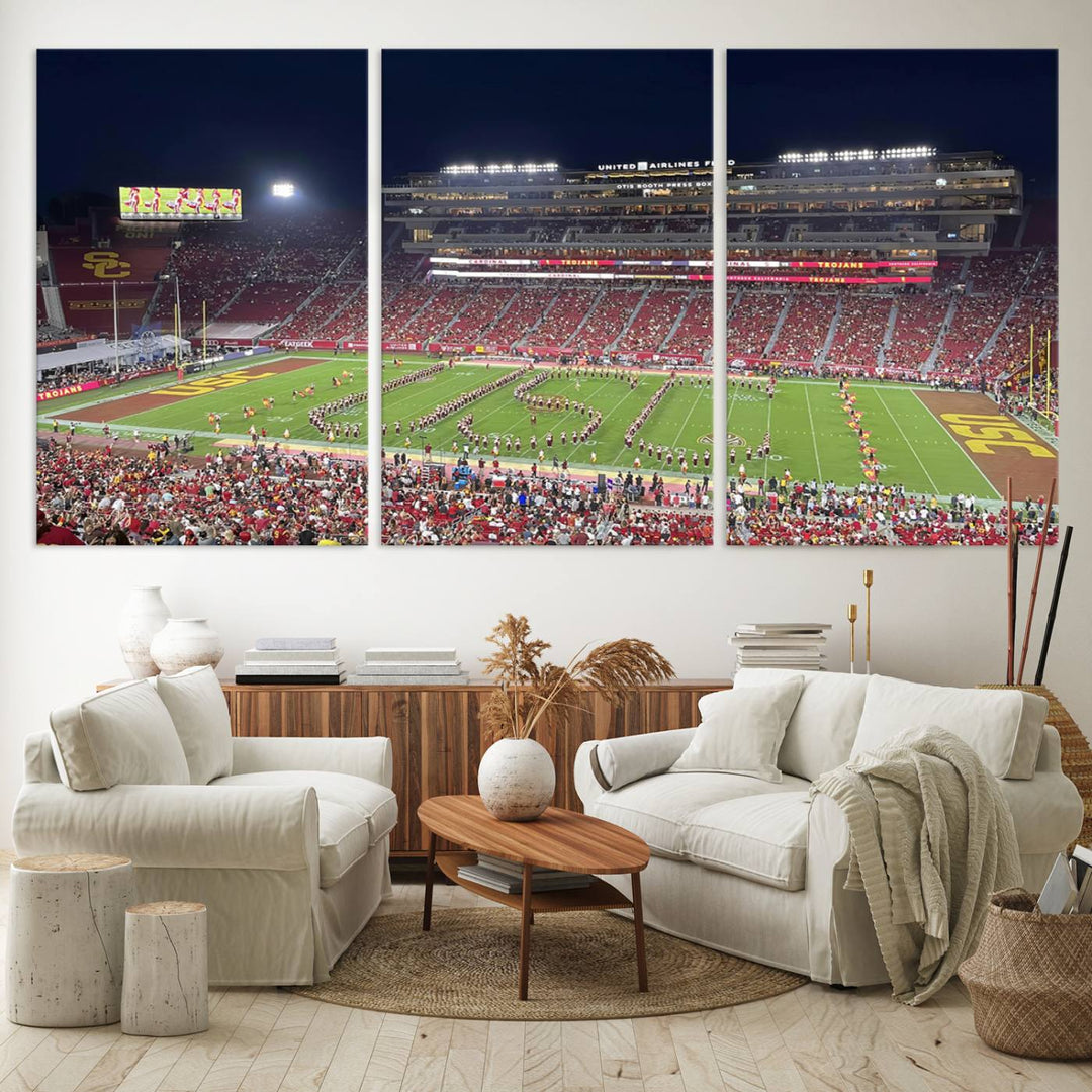 Canvas print depicting a packed stadium at night with a marching band forming USC, celebrating the Trojans at Los Angeles Memorial Coliseum.