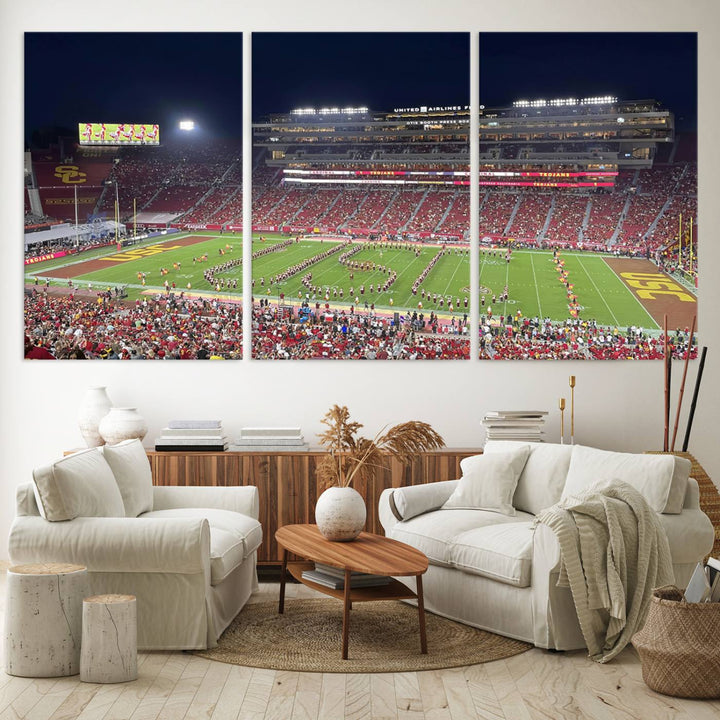 Canvas print depicting a packed stadium at night with a marching band forming USC, celebrating the Trojans at Los Angeles Memorial Coliseum.