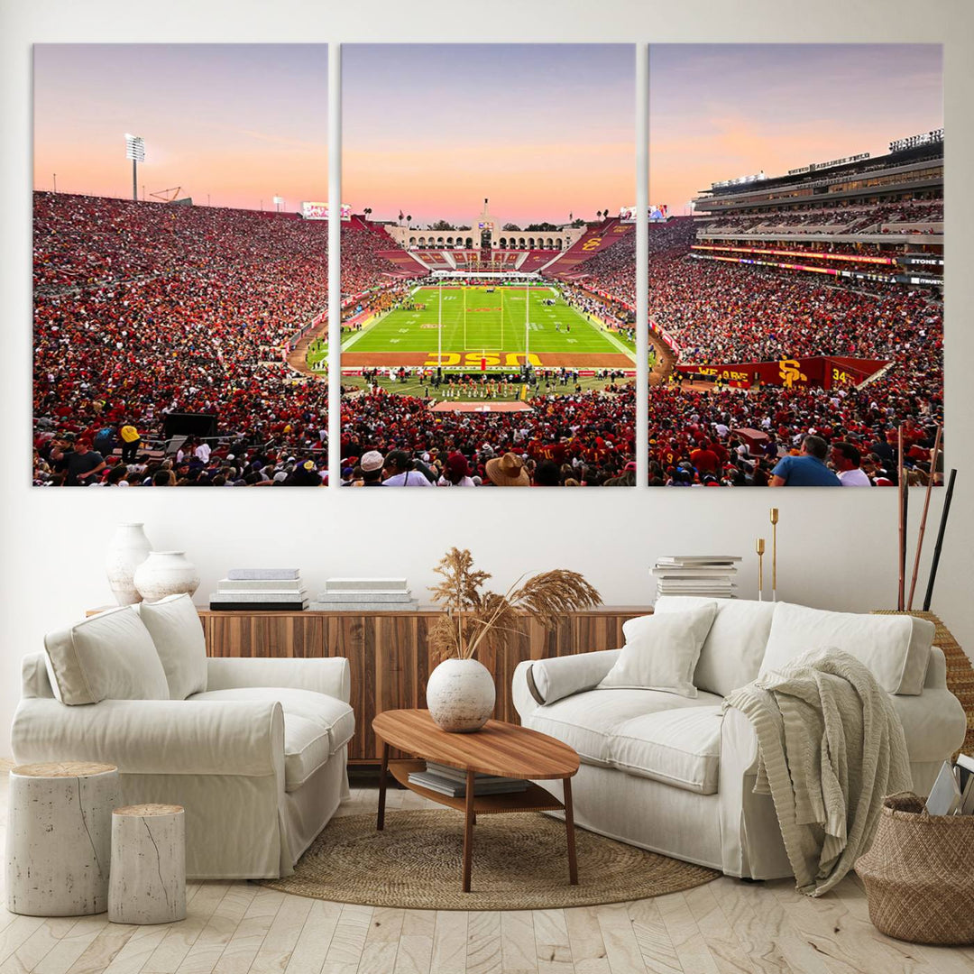 A USC Trojans wall art canvas print highlights the scene, depicting the Coliseum Stadium at sunset.