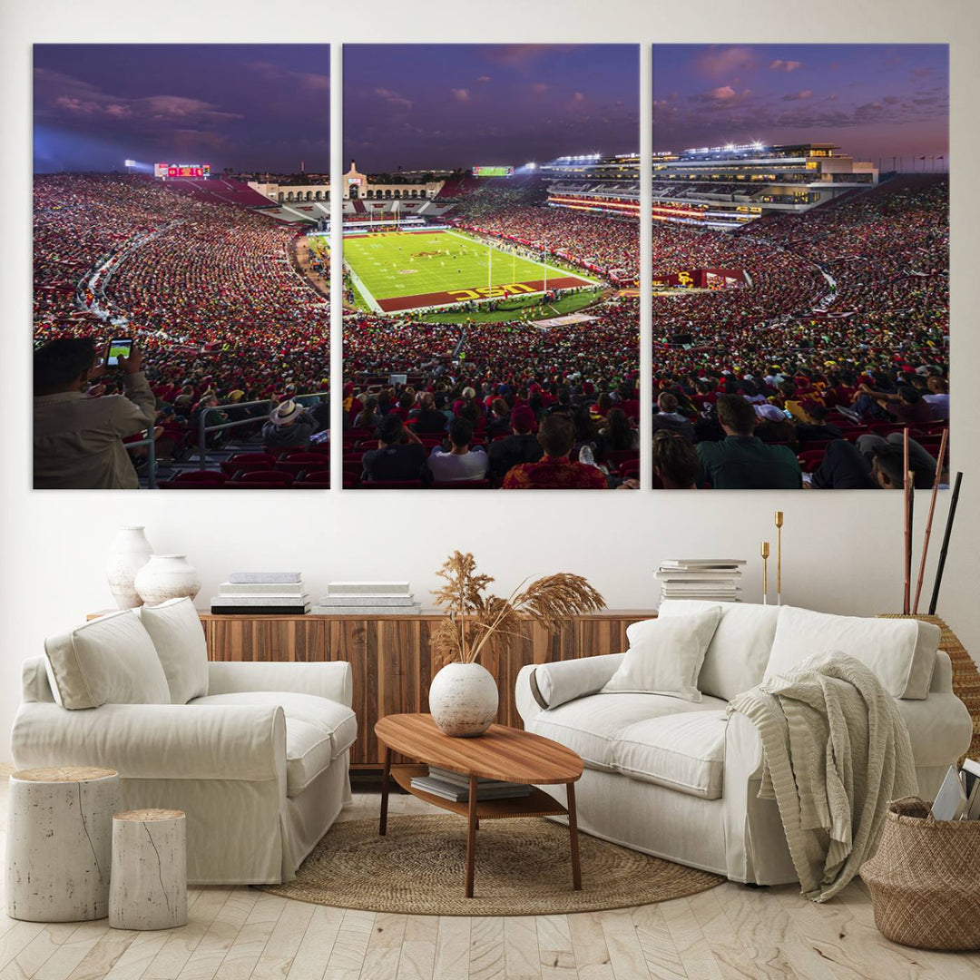 The vibrant wall art canvas print captures the USC Trojans playing under lights at dusk in LA Memorial Coliseum.