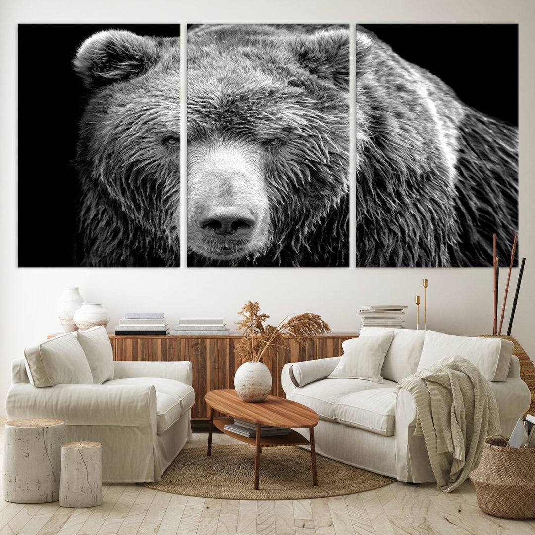 The 399 Grizzly Bear Canvas Print is displayed prominently on a wall in a modern living room.