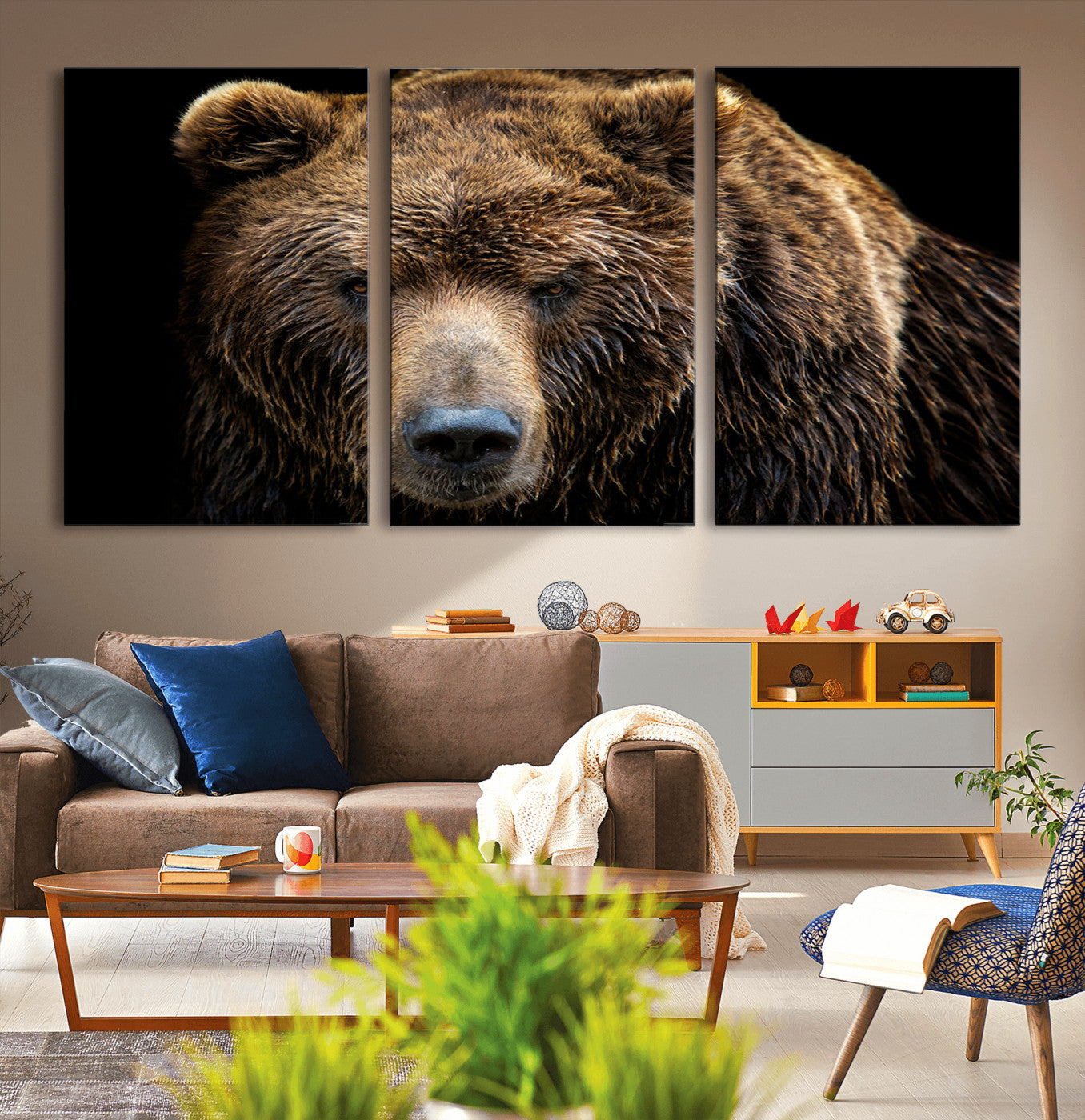 MGV-CV-60X30-3P - Grizzly Brown Bear Canvas Wall Art, Wildlife Animal Canvas Artwork Bear Print, Bear Wall Art Print,