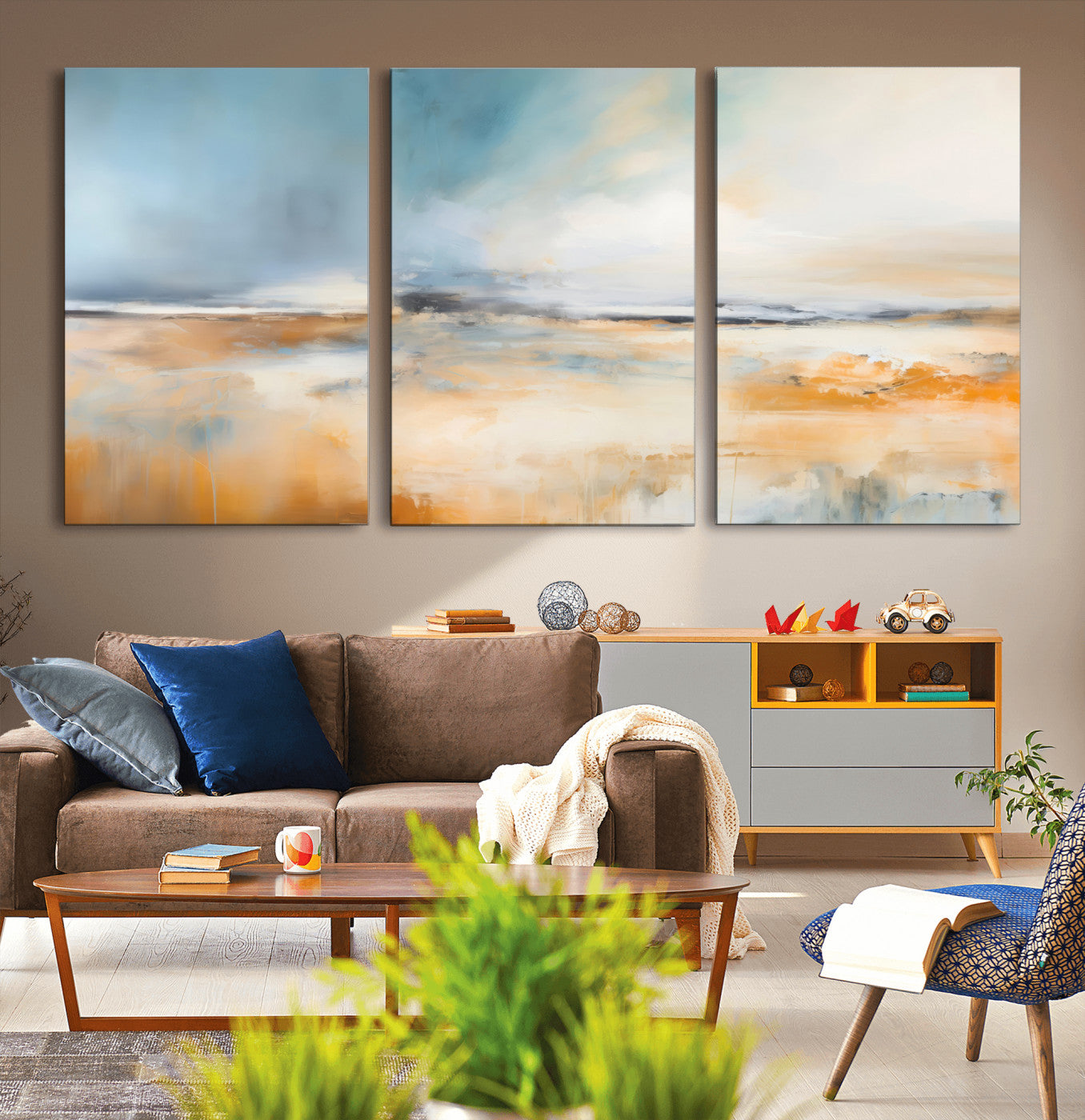 -Abstract Landscape Wall Art Canvas Print - Warm Tones of Orange and Blue, Modern Framed Art for Home