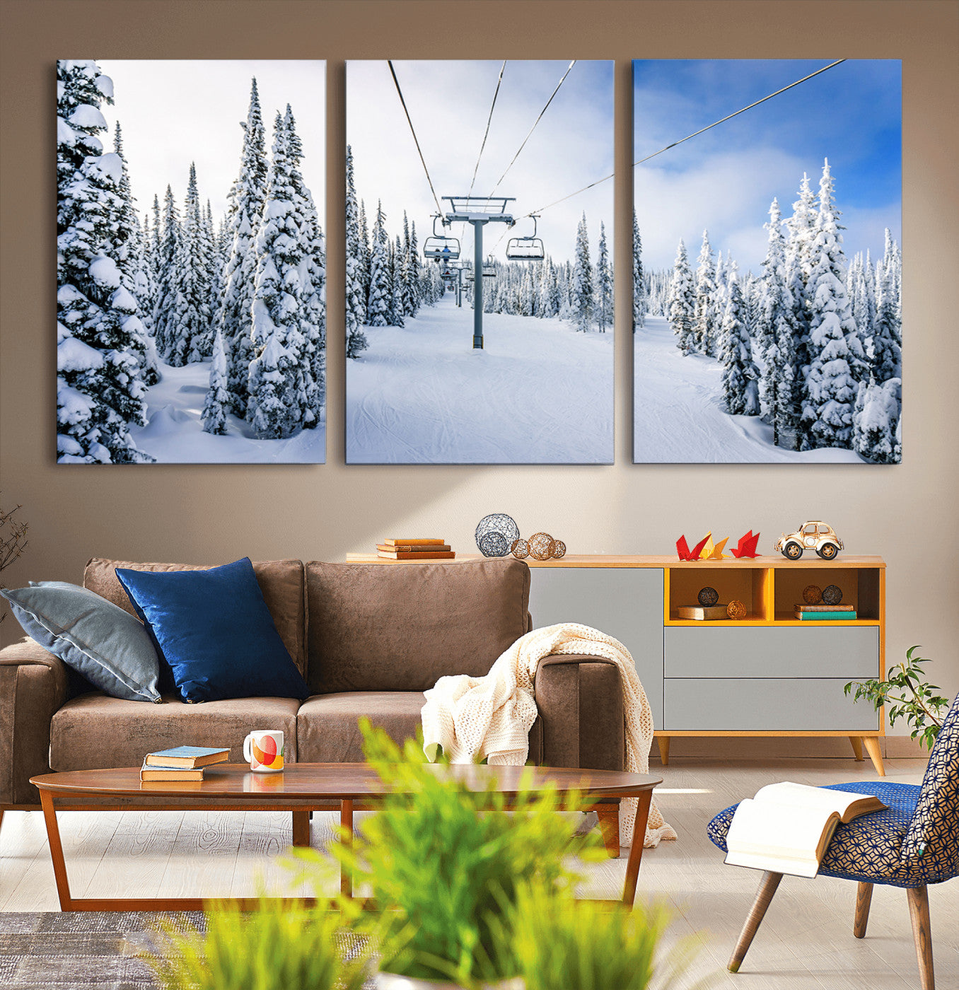 MGV-CV-60X30-3P - Winter Ski Lift Wall Art Print - Landscape Wall Art | Snowy Mountain Adventure | Perfect for Cabin