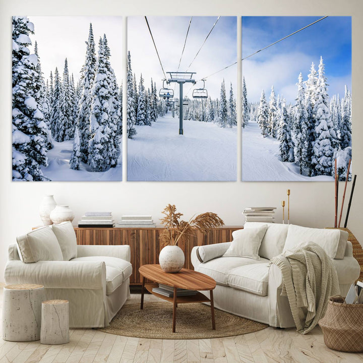 Winter Ski Lift Landscape Wall Art | Snowy Mountain Adventure | Framed and Ready to Hang | Perfect for Cabin Wall Art, Farmhouse Decor