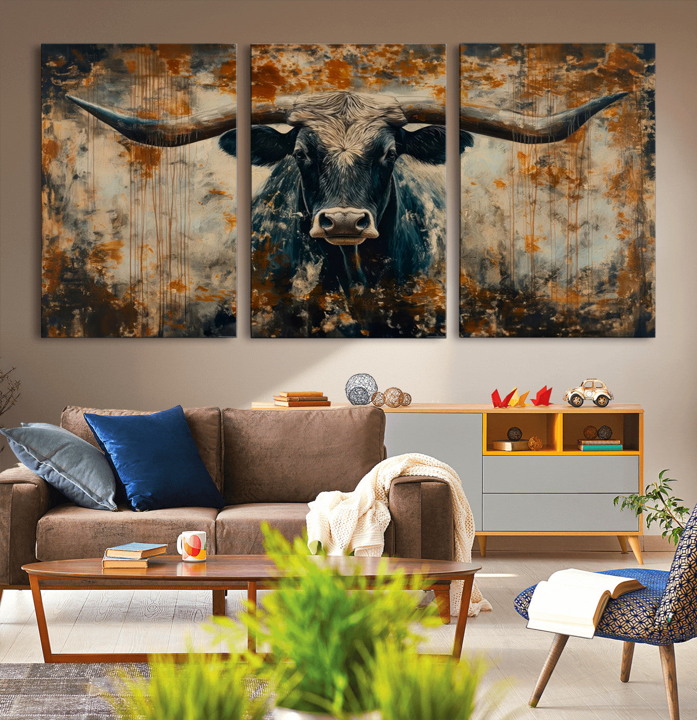 MGV-CV-60X30-3P - Abstract Longhorn Bull Wall Art | Rustic Western Wall Decor | Framed and Ready to Hang | Ideal for