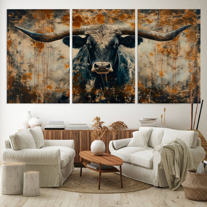 Abstract Longhorn Bull Wall Art | Rustic Western Wall Decor | Framed and Ready to Hang | Ideal for Farmhouse, Lodge, and Barn Decor