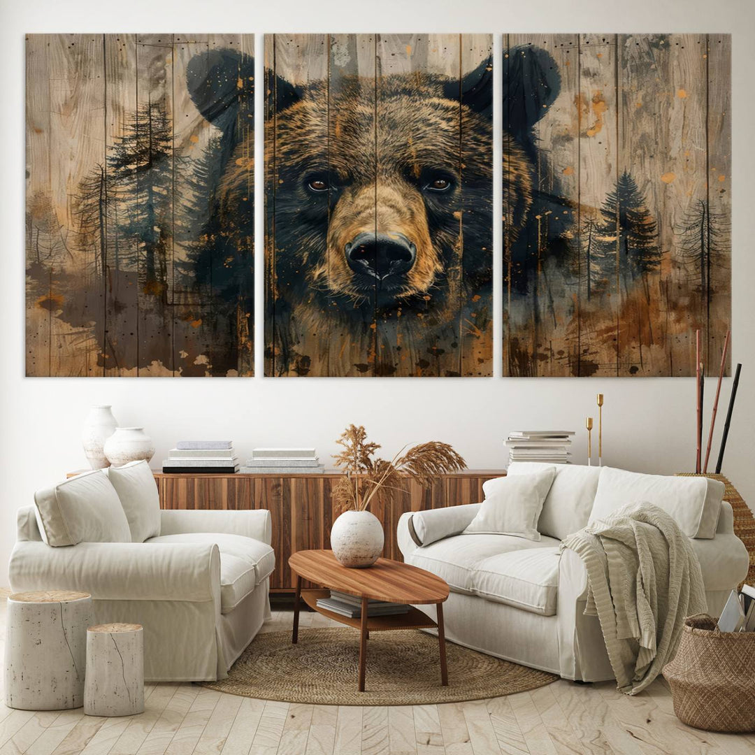 The Abstract 399 Bear Wall Art, featuring a rustic cabin theme with forest design, is framed and ready to hang. It's ideal for lodge, cabin, and barn decor and perfectly complements the nature lover's aesthetic.