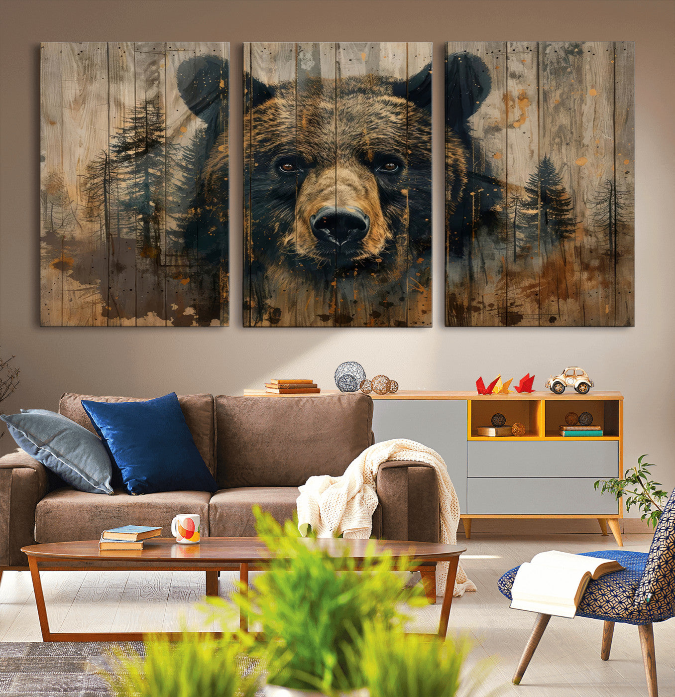 MGV-CV-60X30-3P - Abstract 399 Bear Wall Art | Rustic Cabin Wall Decor with Forest Design | Framed and Ready to Hang |