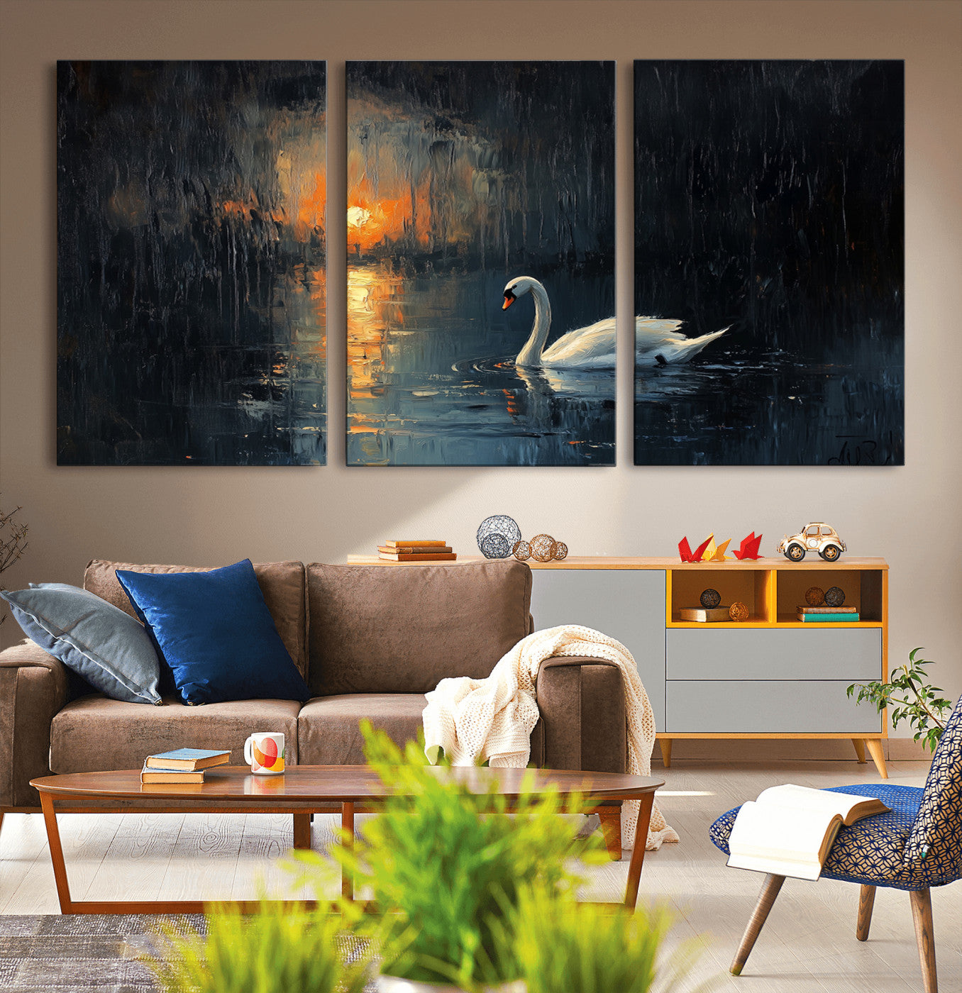 -Abstract Swan on Water Wall Art Canvas Print - Elegant Nature Scene for Modern Home Decor