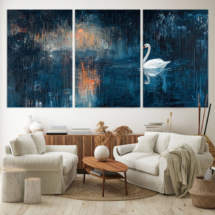 Abstract Swan Wall Art | Moody Blue and Orange Swan Painting on Canvas | Framed and Ready to Hang | Elegant and Modern Art for Living Room or Bedroom Decor