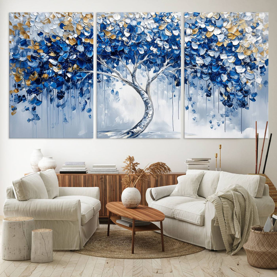 Elegant Blue and Gold Abstract Tree Wall Art | Textured Modern Tree of Life Painting | Framed Canvas Print | Ready to Hang for Dining Room Decor