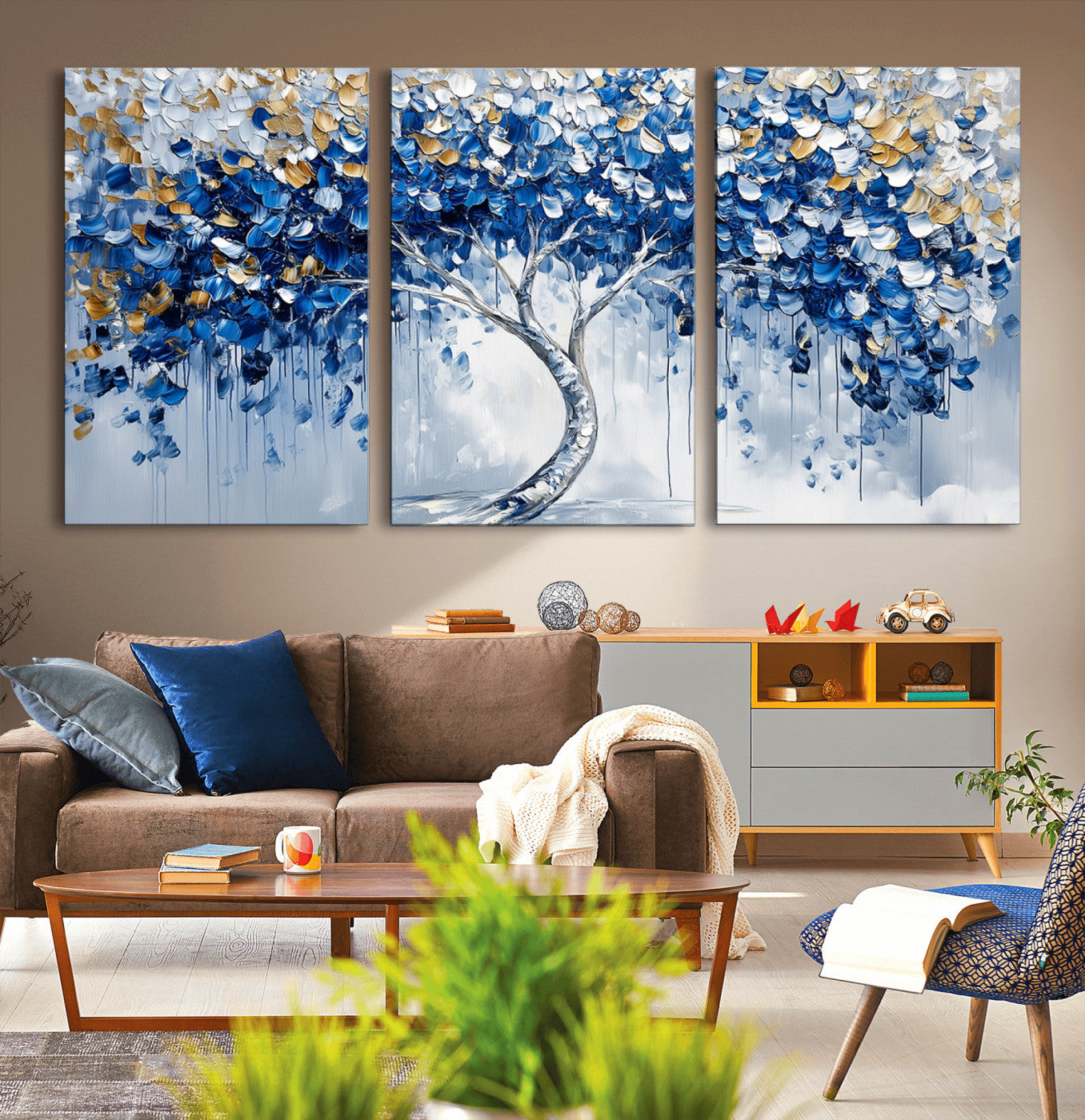 MGV-CV-60X30-3P - Blue and Gold Abstract Tree Wall Art Canvas Print | Modern Tree of Life Painting | Framed Canvas