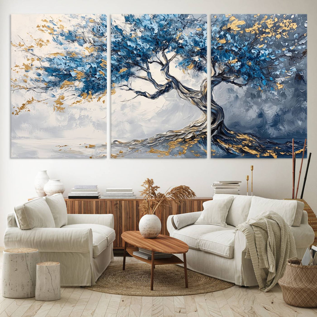 Elegant Abstract Tree Canvas Wall Art | Tree of Life Painting | Textured Art in Blue and Gold | Framed & Ready to Hang for Modern Living Room Decor