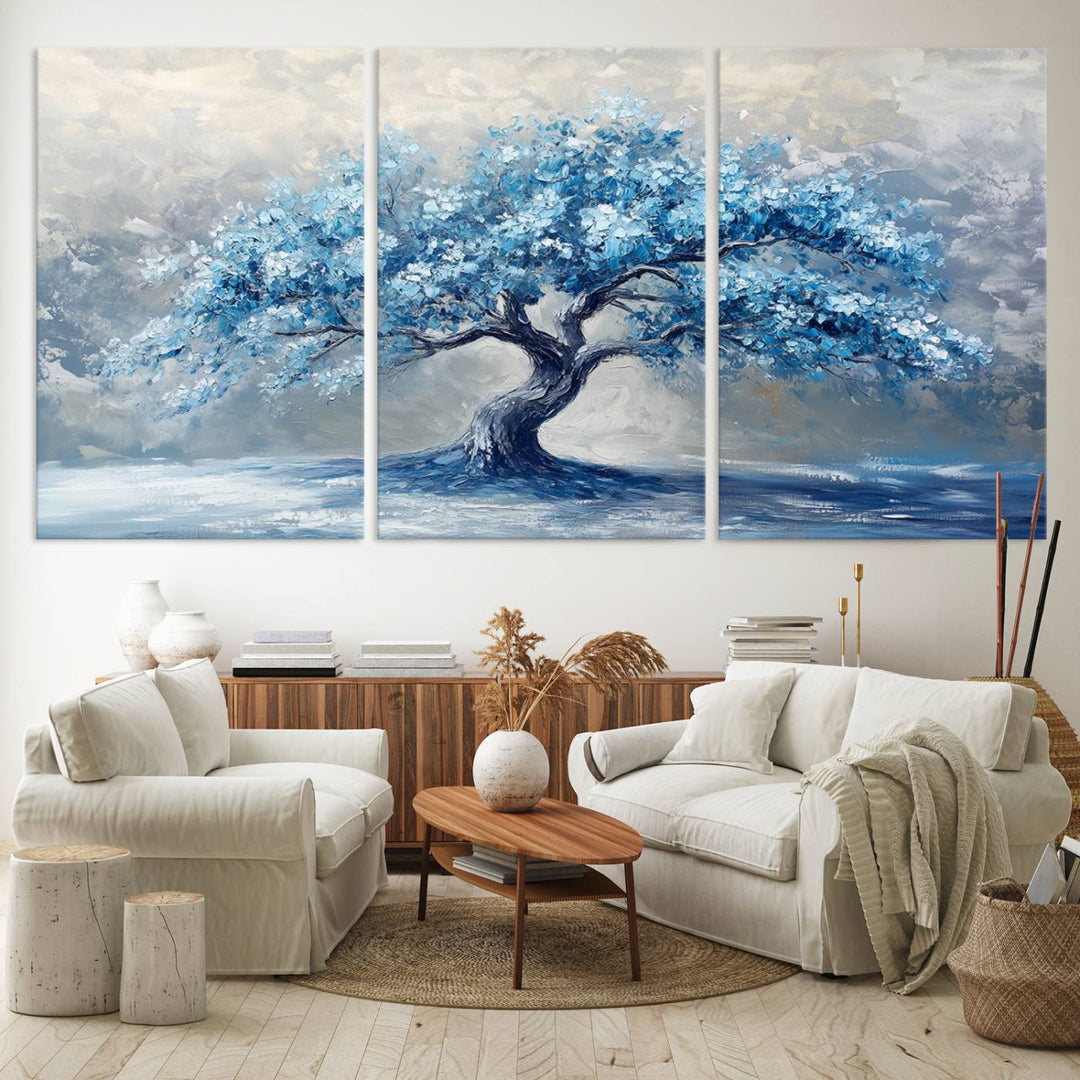 Serene Abstract Blue Tree Wall Art | Canvas Print of a Majestic Tree in Blue Hues | Perfect for Farmhouse, Coastal, and Modern Decor