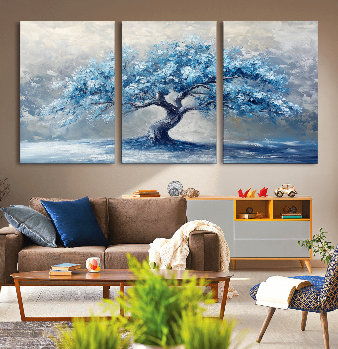 MGV-CV-60X30-3P - Abstract Blue Tree Art Canvas Print, Majestic Tree Wall Art Print for Farmhouse Decor