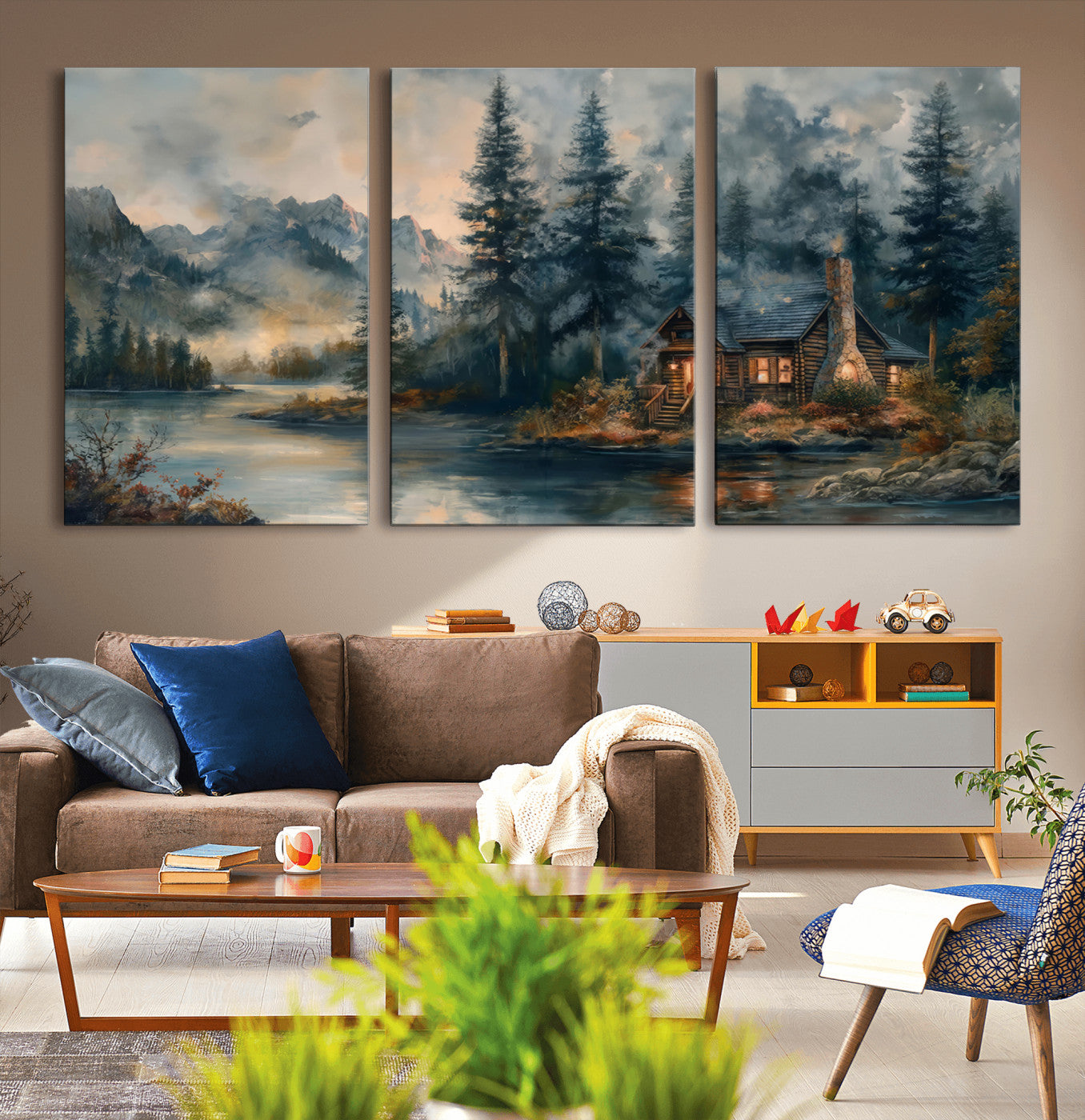 MGV-CV-60X30-3P - Rustic Cabin Woods Wall Art Print | Lake in a Forest Canvas Print | Cabin, Lodge, and Farmhouse