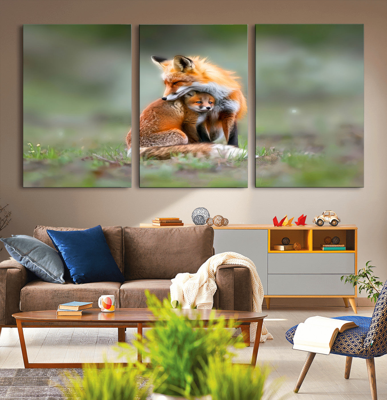 MGV-CV-60X30-3P - Heartwarming Fox and Baby Cub Wall Art | Ready to Hang Canvas Print of Foxes in Nature | Perfect for