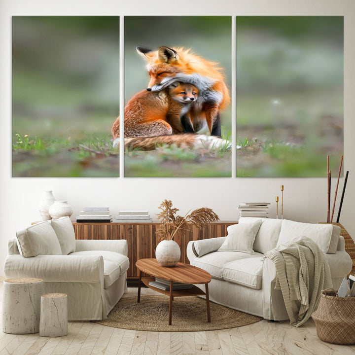 Heartwarming Fox and Baby Cub Wall Art | Ready to Hang Canvas Print of Foxes in Nature | Perfect for Animal Lovers, Rustic Decor, and Cabin Wall Art