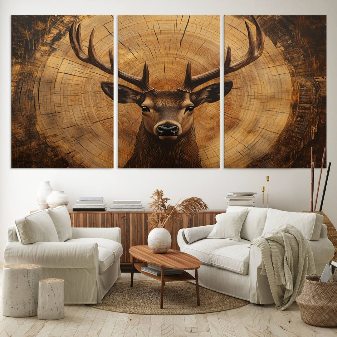 Deer Wall Art Canvas Print | Ready to Hang Canvas Print of a Stag with Rustic Tree Rings | Perfect for Farmhouse Wall Decor, Cabin Wall Art