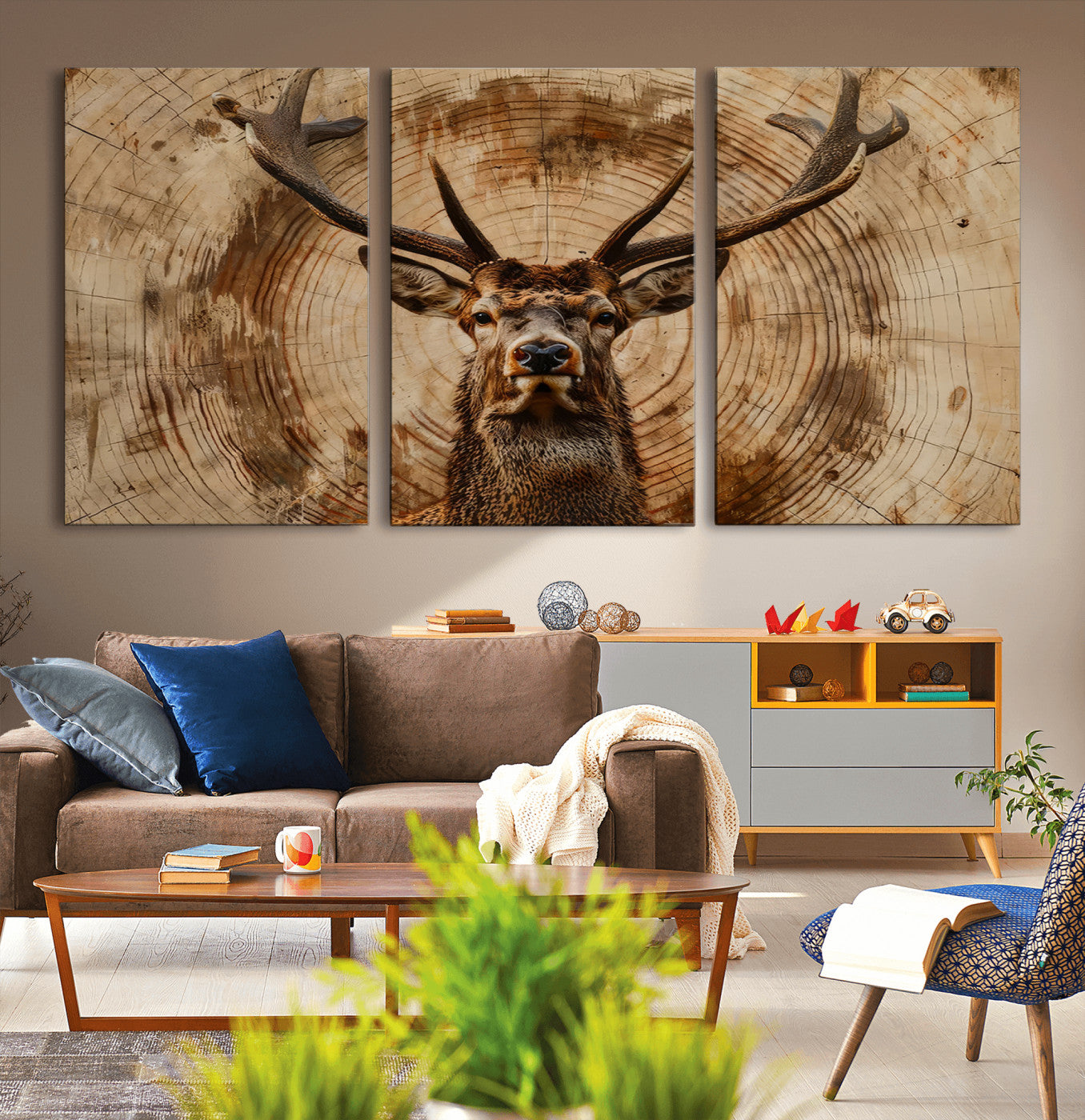 19375-MGV-CV-36X24-Wood Abstract Deer Wall Art | Rustic Wildlife Canvas Print | Ready to Hang Stag Head Triptych for