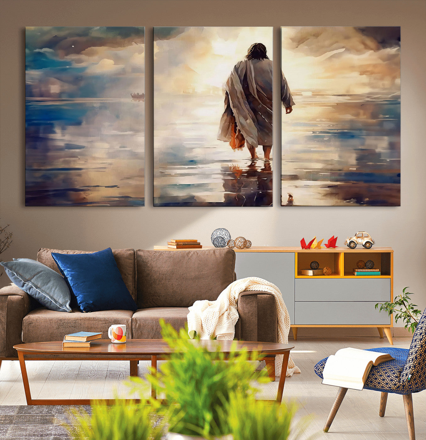 MGV-CV-60X30-3P - Jesus Walking on Water Wall Art | Ready to Hang Spiritual Triptych Canvas Print | Inspirational